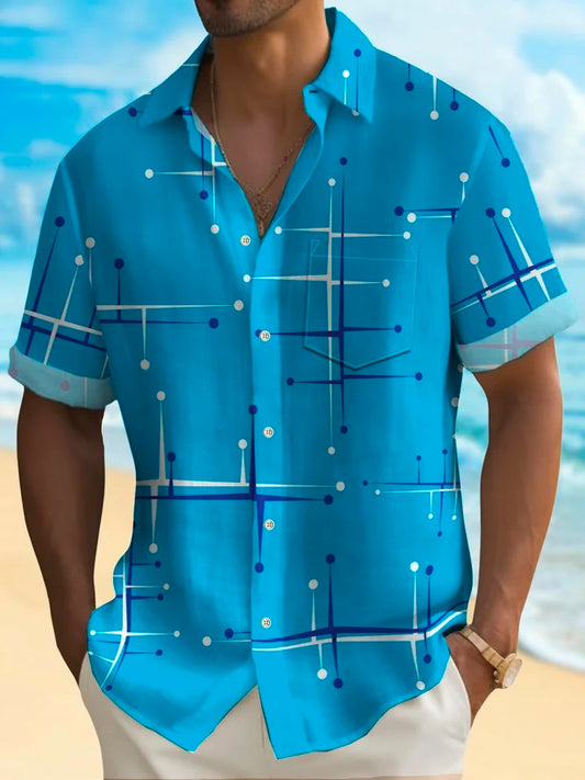 Vintage Mid Century Modern Geometric Blue Men's Casual Short Sleeve Shirt