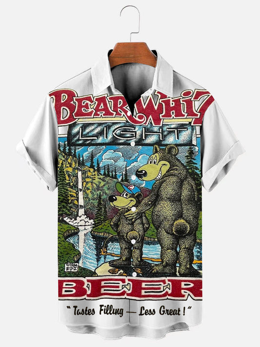 Men's Vintage Beer Bear Print Hawaiian Short Sleeve Shirt