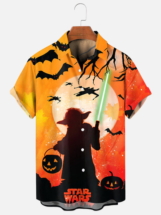 Men's Vintage Yoda Pumpkin Halloween Print Holiday Short Sleeve Shirt