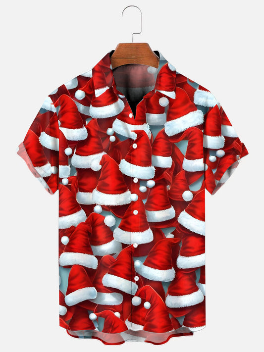 Men's Christmas Hat Print Holiday Short Sleeve Shirt