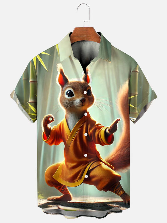 Men's Kung Fu Squirrel Printed Casual Short Sleeve Shirt