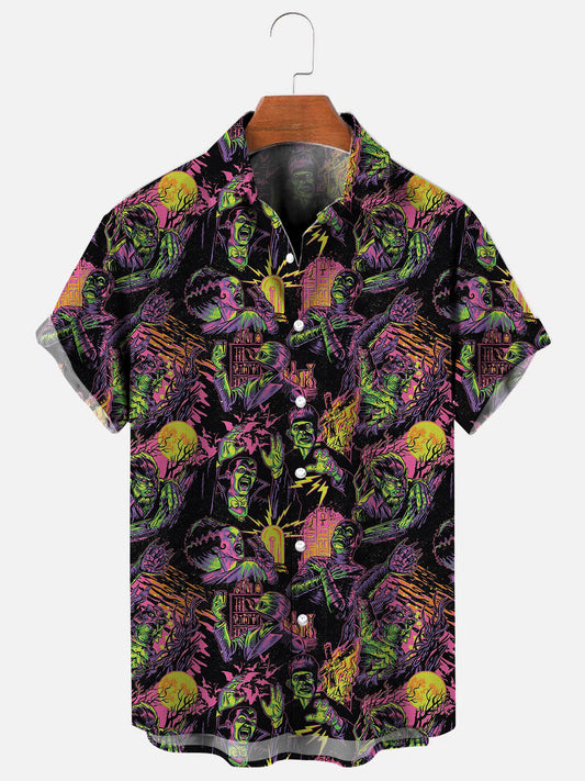 Men's Vintage Halloween Horror Print Hawaiian Short Sleeve Shirt