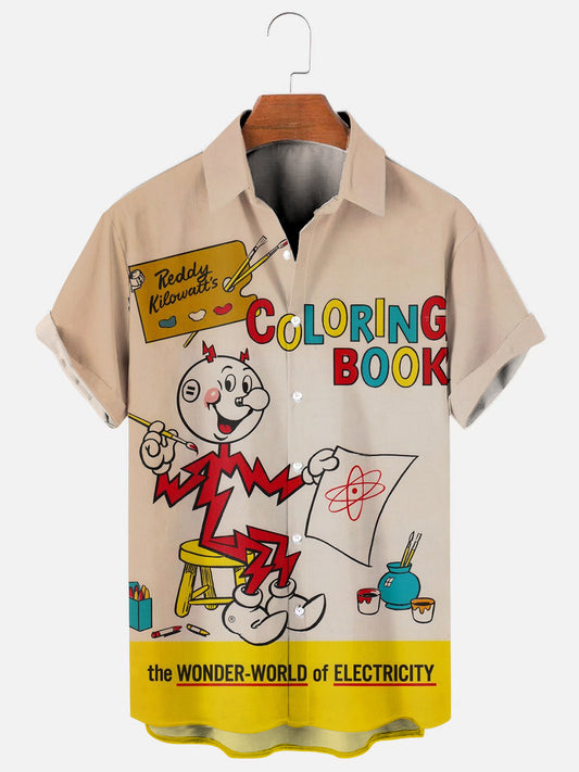 Men's Vintage Electricity Warning Logo Coloring Book Print Hawaiian Short Sleeve Shirt