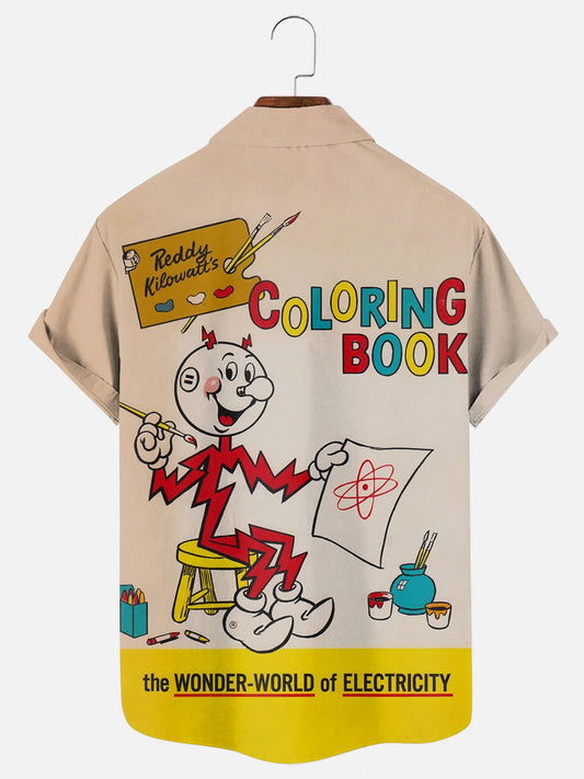 Men's Vintage Electricity Warning Logo Coloring Book Print Hawaiian Short Sleeve Shirt