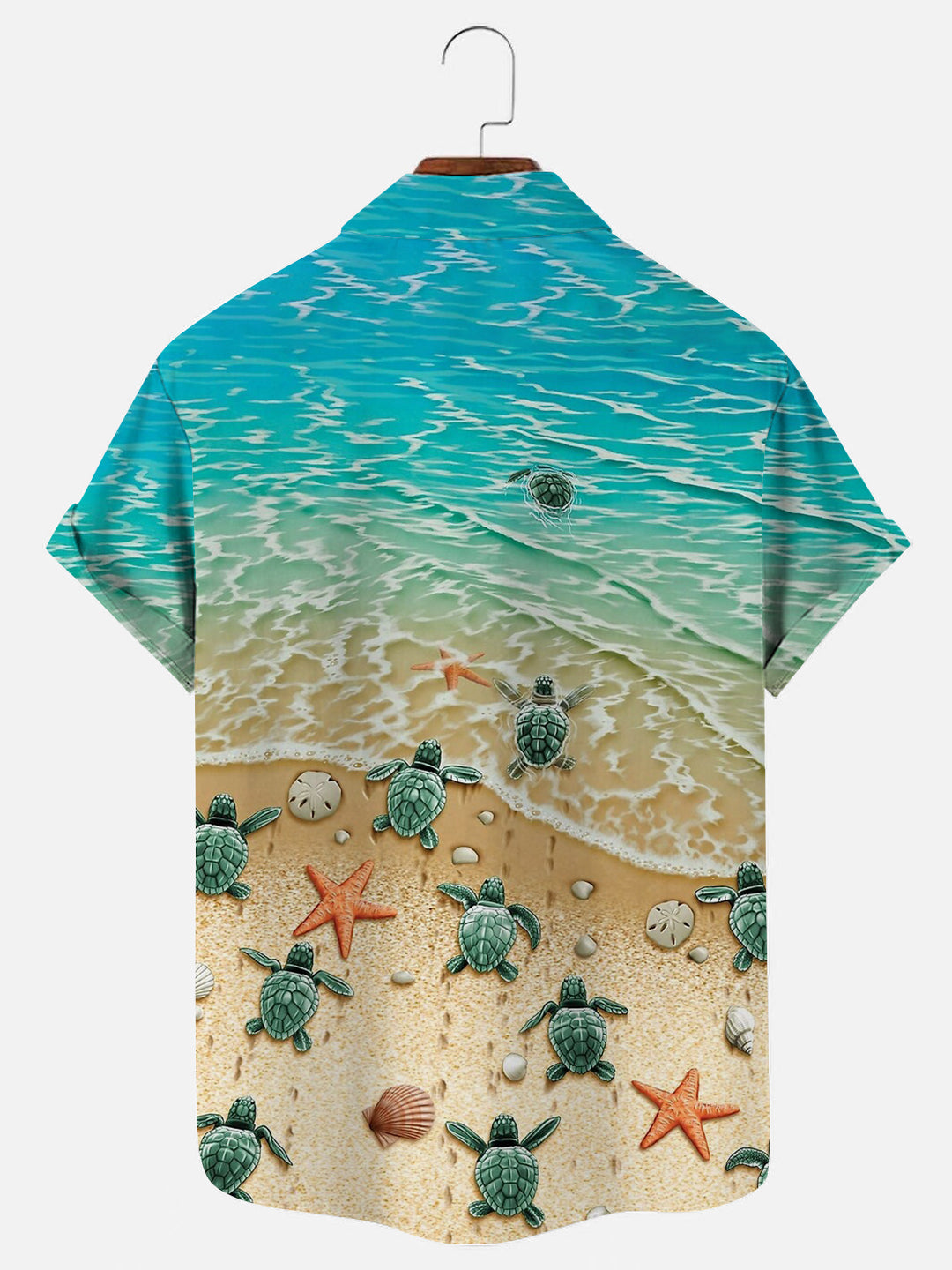 Men's Beach Turtle Starfish Print Hawaiian Breathable Short Sleeve Shirt