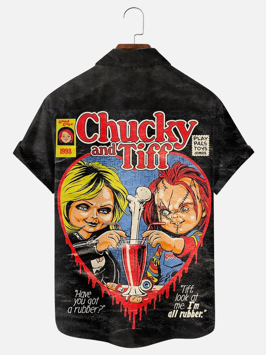 Men's Vintage Horror Movie Print Casual Short Sleeve Pocket Shirt