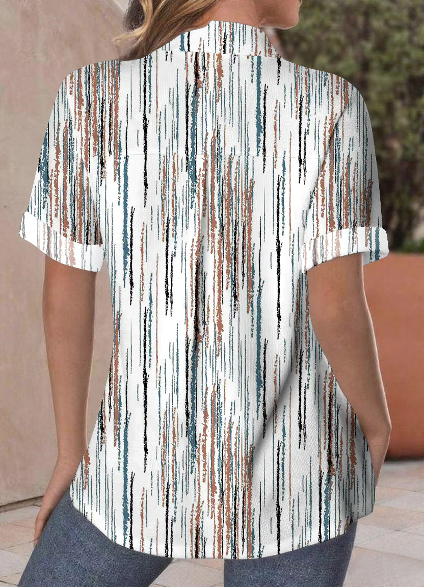 Women's Multicolored Striped Print Casual Short Sleeve Blouses