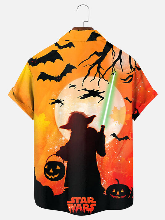 Men's Vintage Yoda Pumpkin Halloween Print Holiday Short Sleeve Shirt