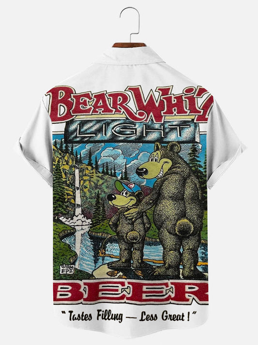 Men's Vintage Beer Bear Print Hawaiian Short Sleeve Shirt