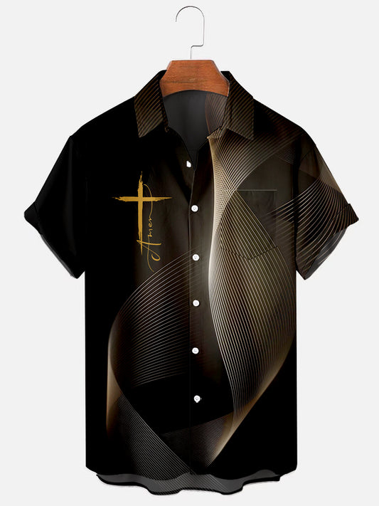 Men's Easter Cross Print Casual Short Sleeve Pocket Shirt