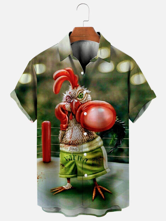 Men's Cartoon Chicken Boxing Ring Print Hawaiian Short Sleeve Shirt