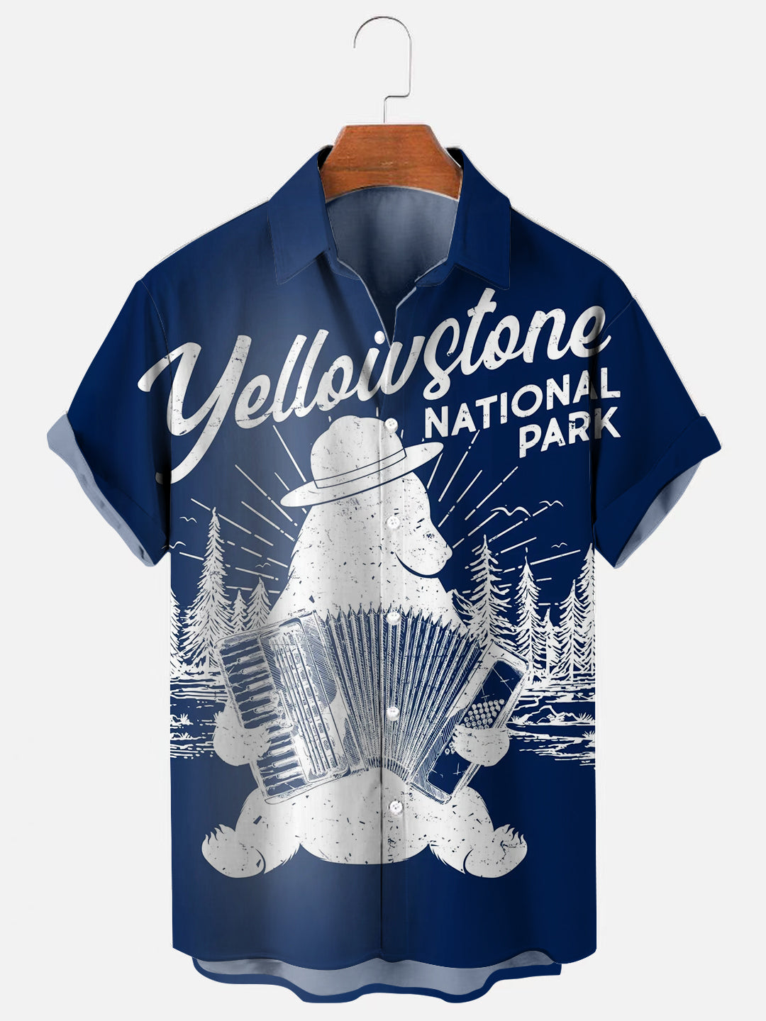 Men's Vintage National Park Ranger Bear Print Hawaiian Short Sleeve Shirt
