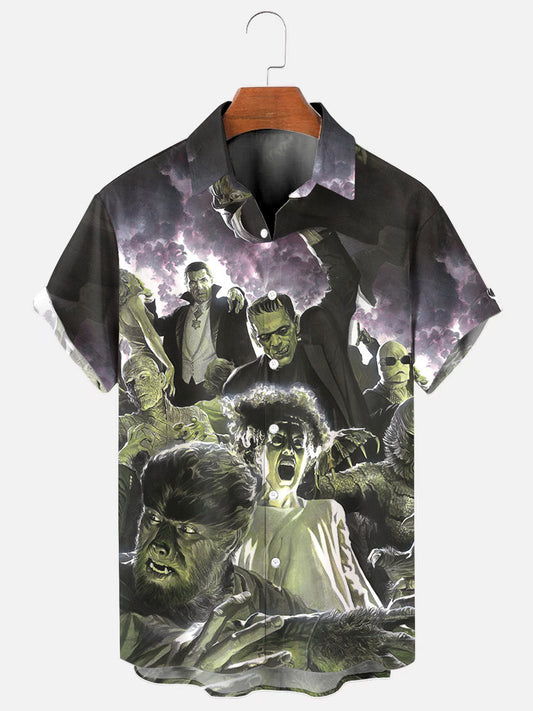 Men's Retro Horror Character Print Hawaiian Short Sleeve Shirt