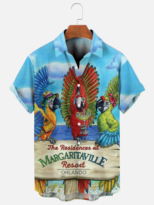 Parrot Cocktail Print Hawaiian Vacation Short Sleeve Shirt