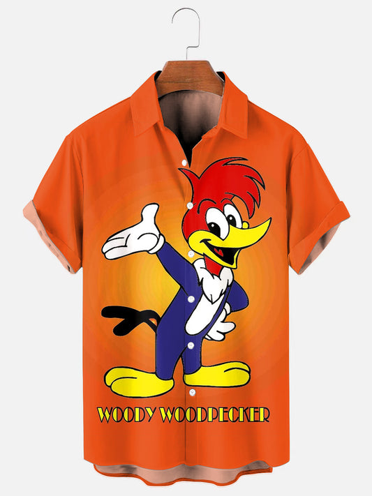 Men's Vintage Animated Woodpecker Cartoon Character Print Hawaiian Short Sleeve Shirt