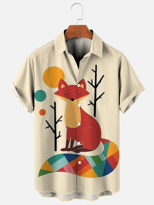 Rainbow Fox Cartoon Print Hawaiian Short Sleeve Shirt