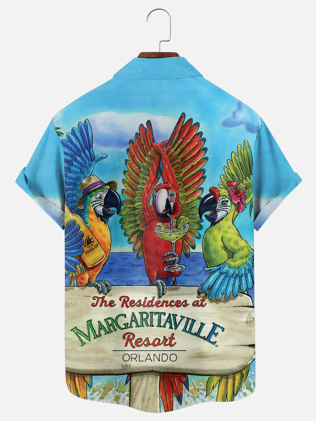 Parrot Cocktail Print Hawaiian Vacation Short Sleeve Shirt