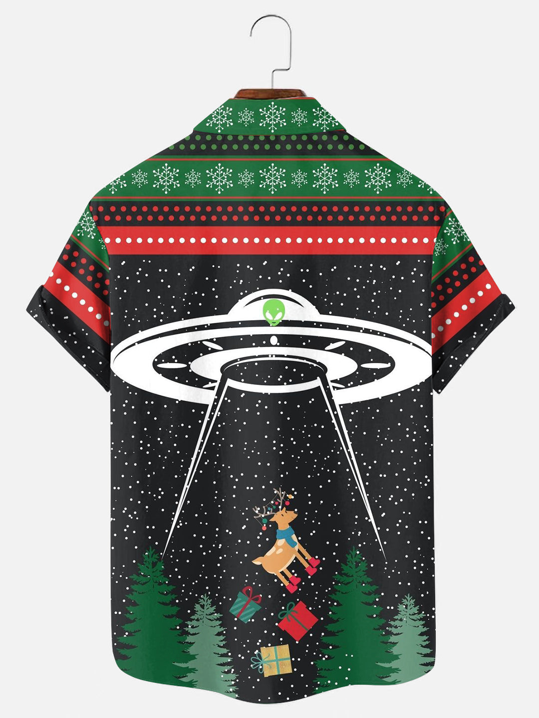Men's Christmas UFO Reindeer Chest Pocket Ugly Sweater Print Holiday Short Sleeve Shirt