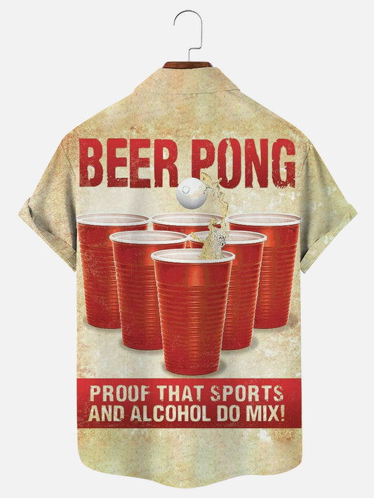 Men's Beer Pong Vintage Poster Print Hawaiian Short Sleeve Shirt