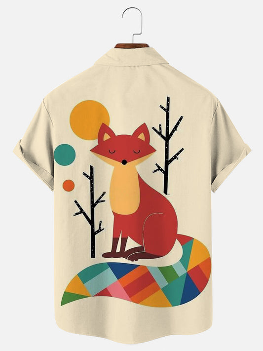 Rainbow Fox Cartoon Print Hawaiian Short Sleeve Shirt