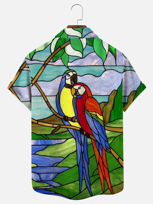 Men's Stained Glass Parrot Print Vintage Hawaiian Short Sleeve Shirt