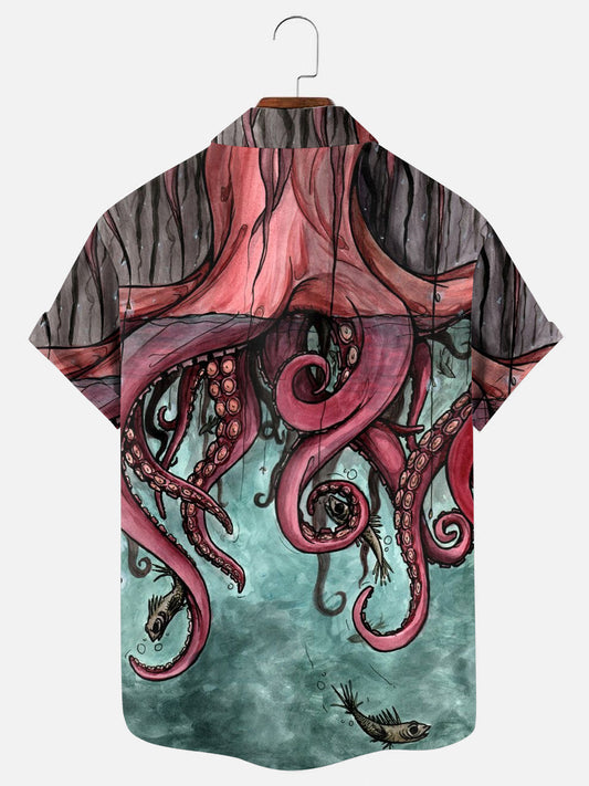 Men's Octopus Tree Abstract Print Hawaiian Short Sleeve Shirt