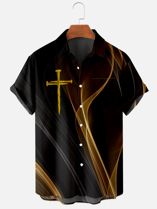 Men's Easter Cross Print Hawaiian Short Sleeve Pocket Shirt