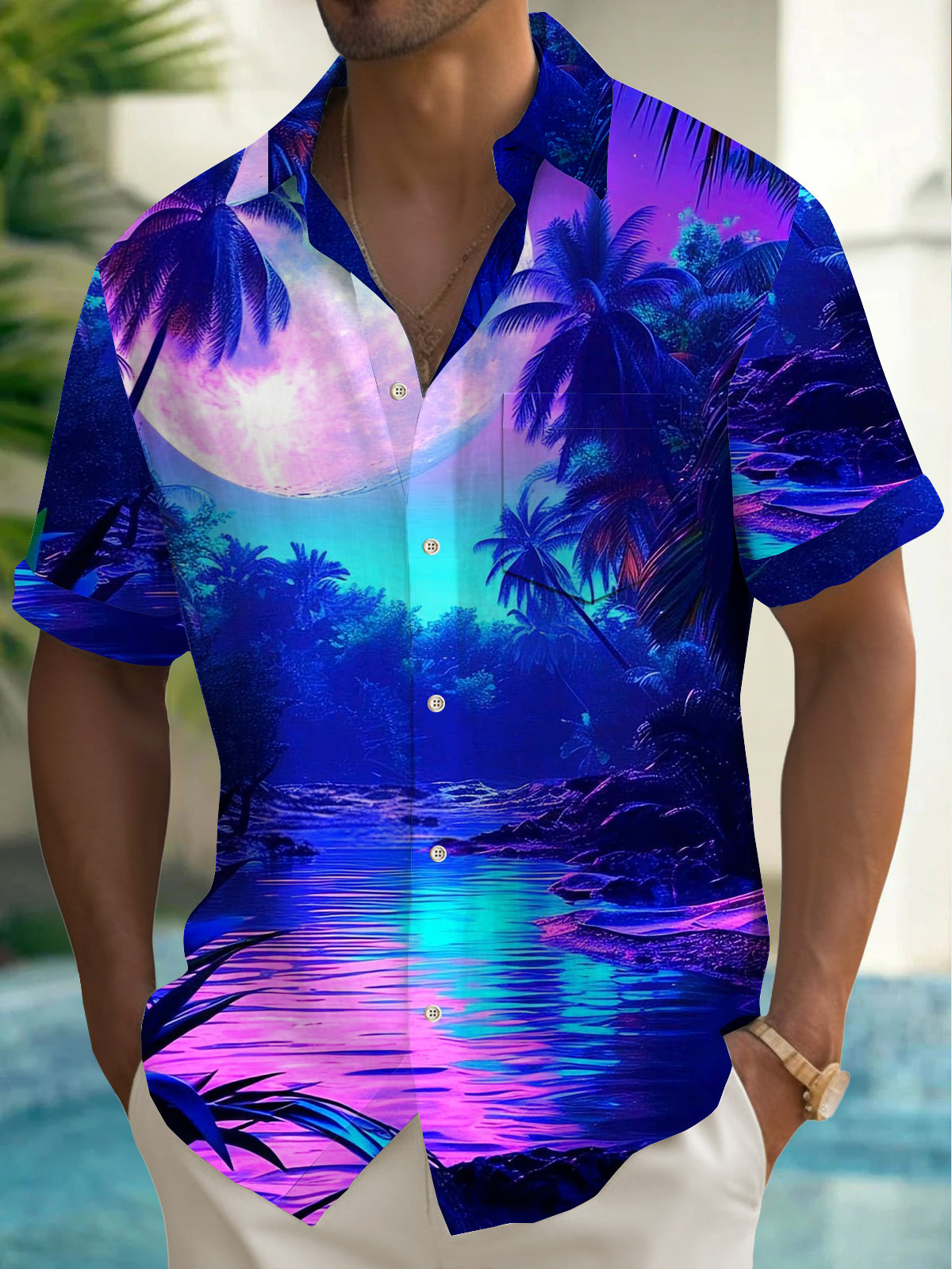 Men's Tropical Palm Trees and Lakes Hawaiian Short Sleeve Shirt