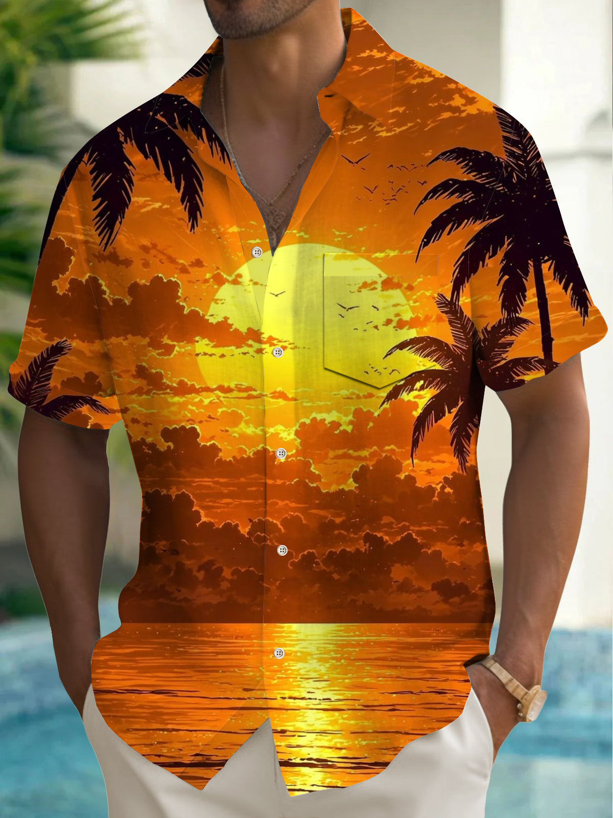 Men's Beach Sunset Landscape Print Hawaiian Short Sleeve Shirt