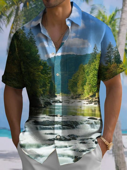 Men's Mountain Stream Print Hawaiian Short Sleeve Shirt