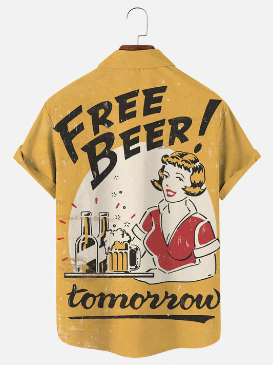 Men's Free Beer Tomorrow Vintage Poster Print Hawaiian Short Sleeve Shirt