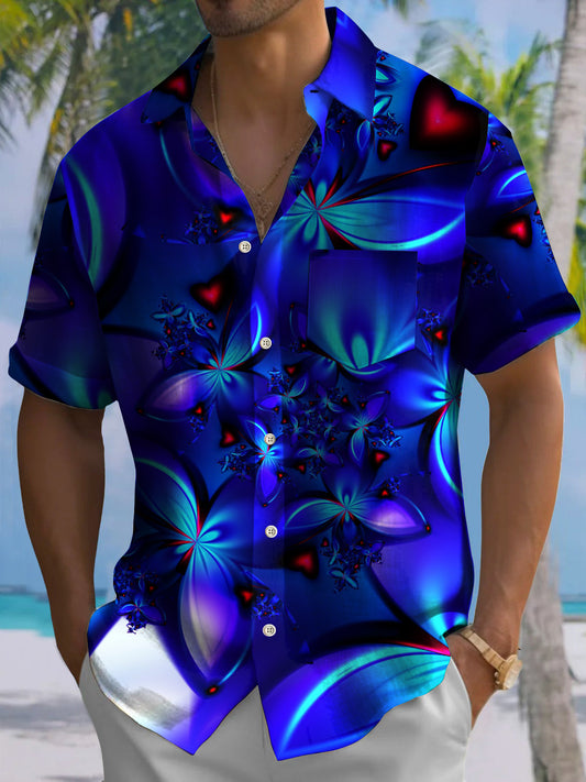 Men's Blue Floral Art Print Hawaiian Short Sleeve Shirt