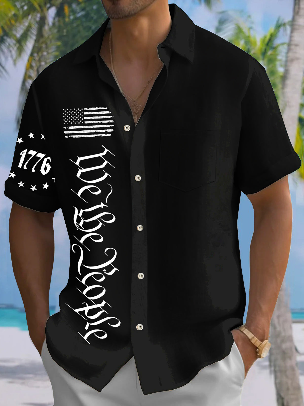 Men's Vintage American Flag Independence Day Slogan Printed Casual Short Sleeve Shirt