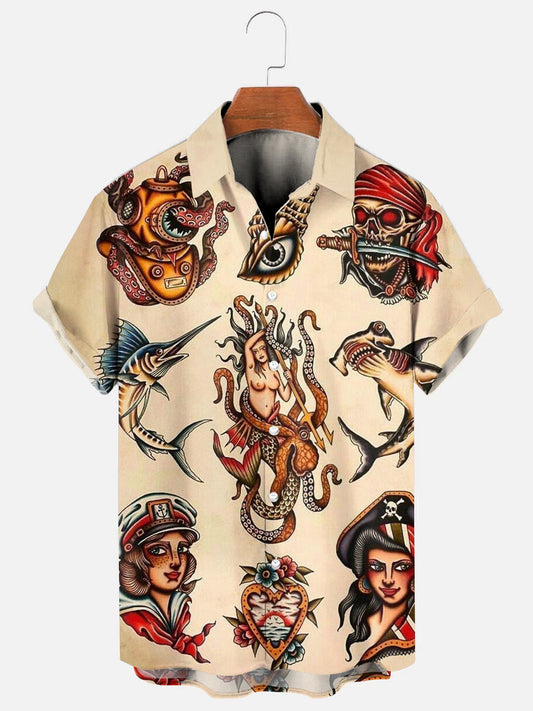 Men's Traditional Pirate Beauty Tattoo Print Hawaiian Casual Short Sleeve Shirt