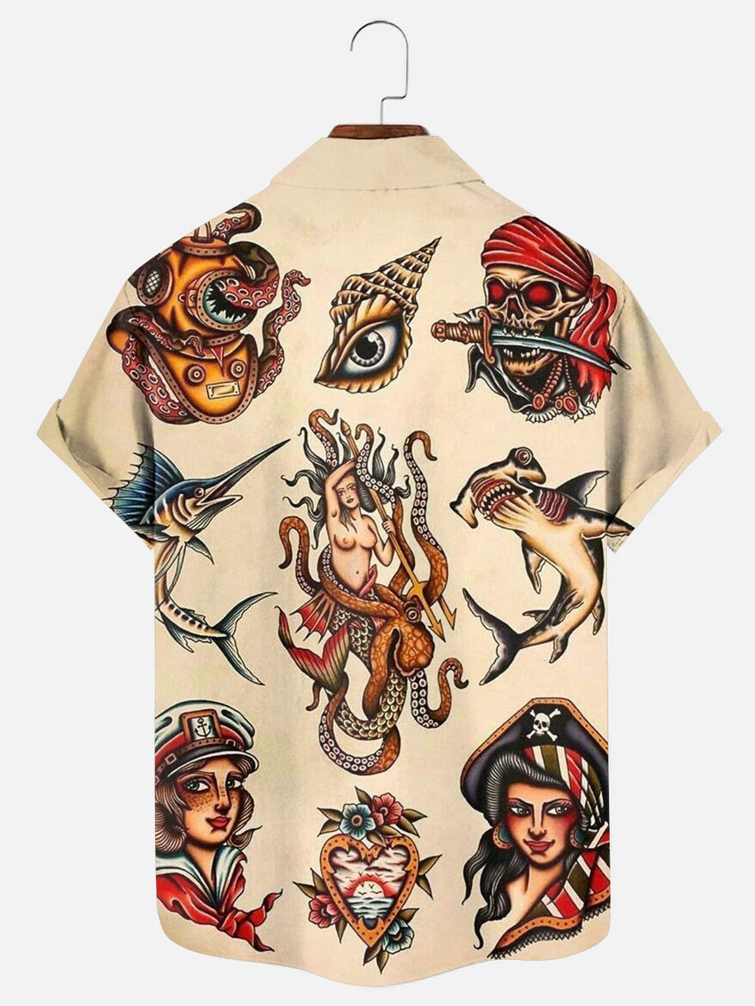 Men's Traditional Pirate Beauty Tattoo Print Hawaiian Casual Short Sleeve Shirt