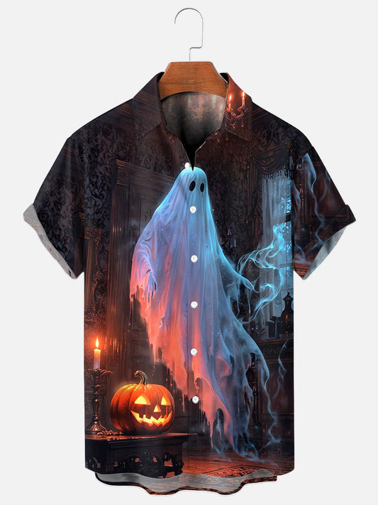 Halloween Ghost Pumpkin Print Holiday Short Sleeve Shirt