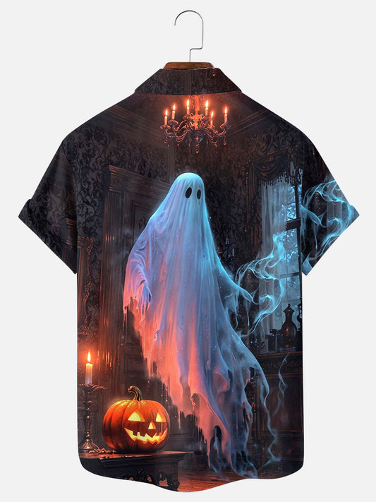 Halloween Ghost Pumpkin Print Holiday Short Sleeve Shirt