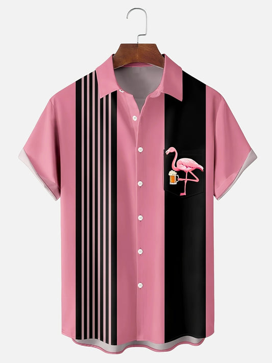 Men's Vintage Flamingo Beer Print Bowling Chest Pocket Short Sleeve Shirt