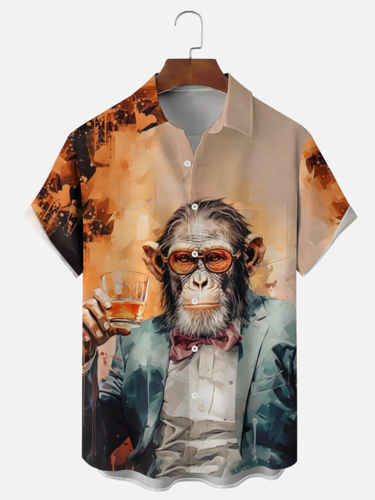 Men's Vintage Monkey Gentleman Whiskey Oil Painting Printed Casual Short Sleeve Shirt