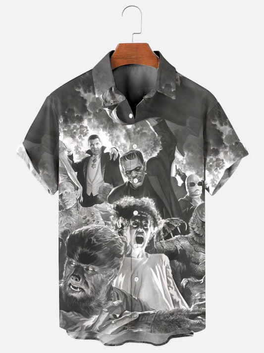 Men's Retro Horror Character Print Hawaiian Short Sleeve Shirt
