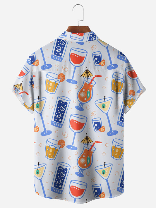 Men's Cocktail Print Chest Pocket Short Sleeve Hawaiian Shirt