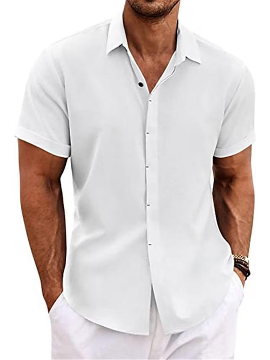Men's Linen Loose Solid Color Short Sleeve Cotton Linen Shirt