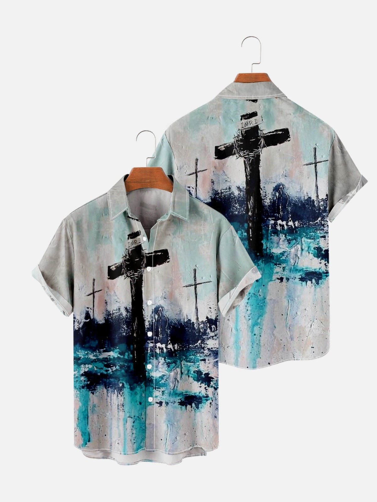 Men's Jesus Cross Print Hawaiian Short Sleeve Shirt