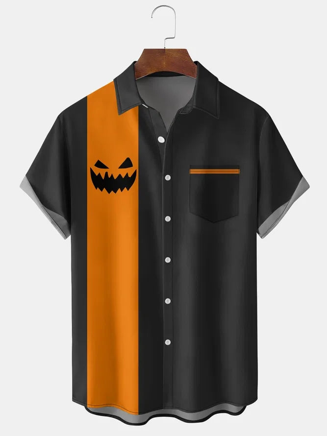 Men's Halloween Ghost Face Print Bowling Short Sleeve Shirt