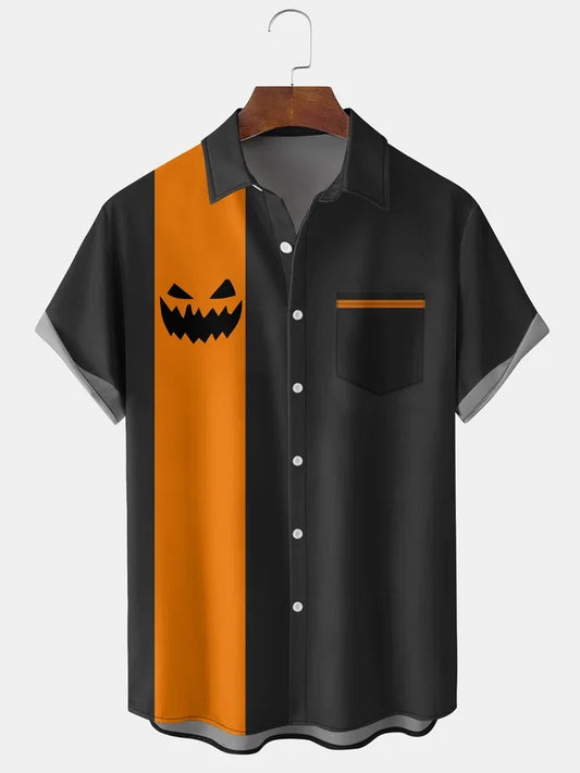 Men's Halloween Ghost Face Print Bowling Short Sleeve Shirt