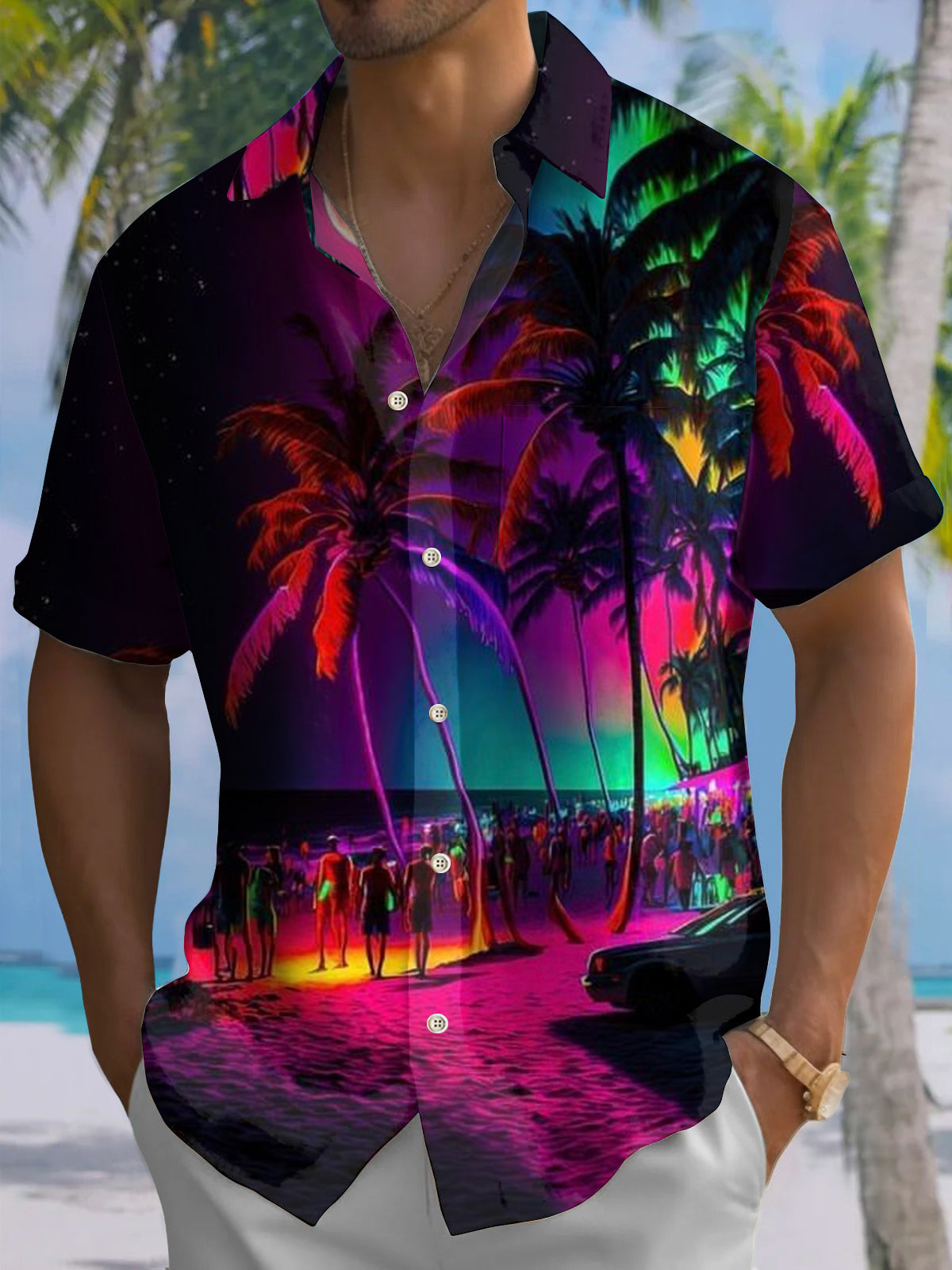 Men's Neon Beach Party Print Hawaiian Short Sleeve Shirt