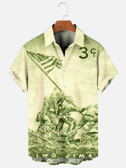 Men's Vintage Stamp American Flag Print Independence Day Holiday Short Sleeve Shirt