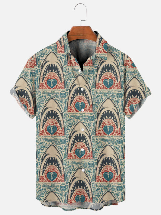 Vintage Jaws Art Print Hawaiian Breathable Short Sleeve Shirt