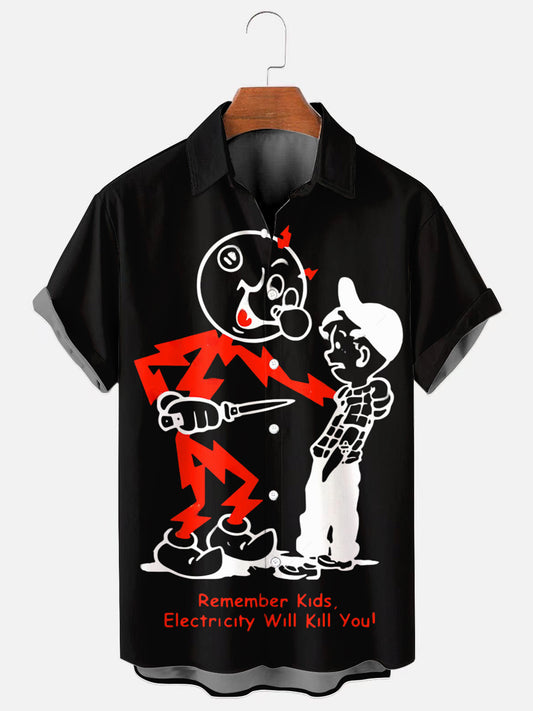 Men's Vintage 70s Electricity Warning Sign Print Hawaiian Short Sleeve Shirt