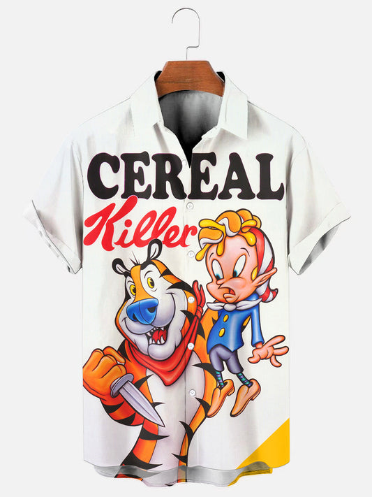 Men's Cartoon Tiger Killer Print Hawaiian Short Sleeve Shirt